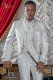 Baroque groom suit, vintage mao collar frock coat in white jacquard fabric with golden embroidery and crystal clasp
