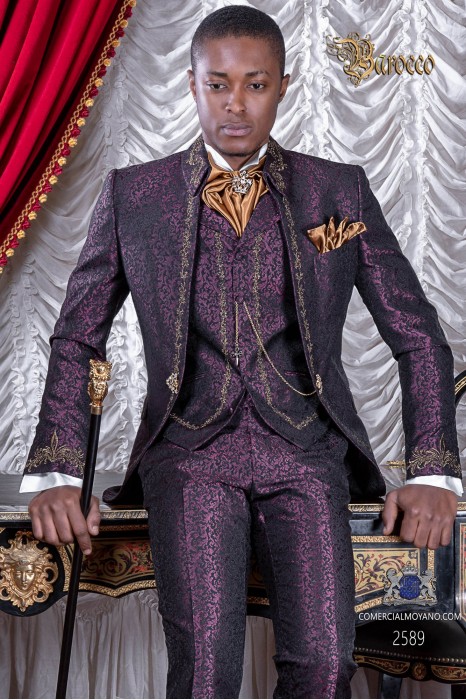 Baroque groom suit, vintage Napoleon collar frock coat in purple jacquard fabric with golden embroidery and crystal clasp