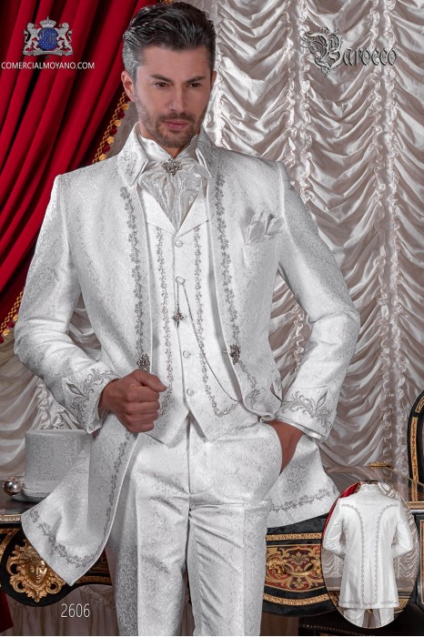 Baroque groom suit, vintage Napoleon collar frock coat in white jacquard fabric with silver embroidery and crystal clasp
