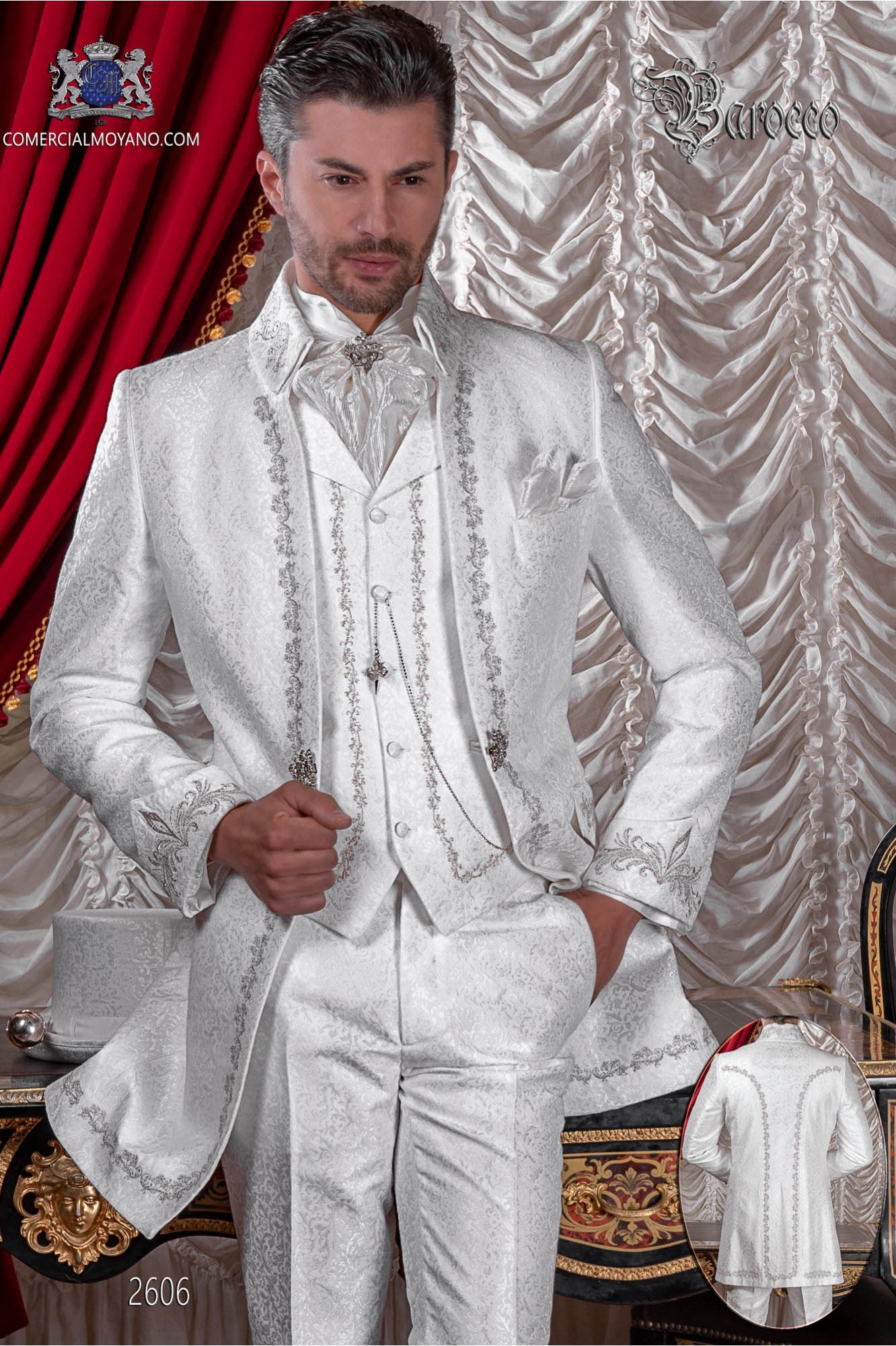 Vintage Napoleon collar frock coat in white jacquard fabric with silver embroidery and crystal clasp model 2606 Mario Moyano