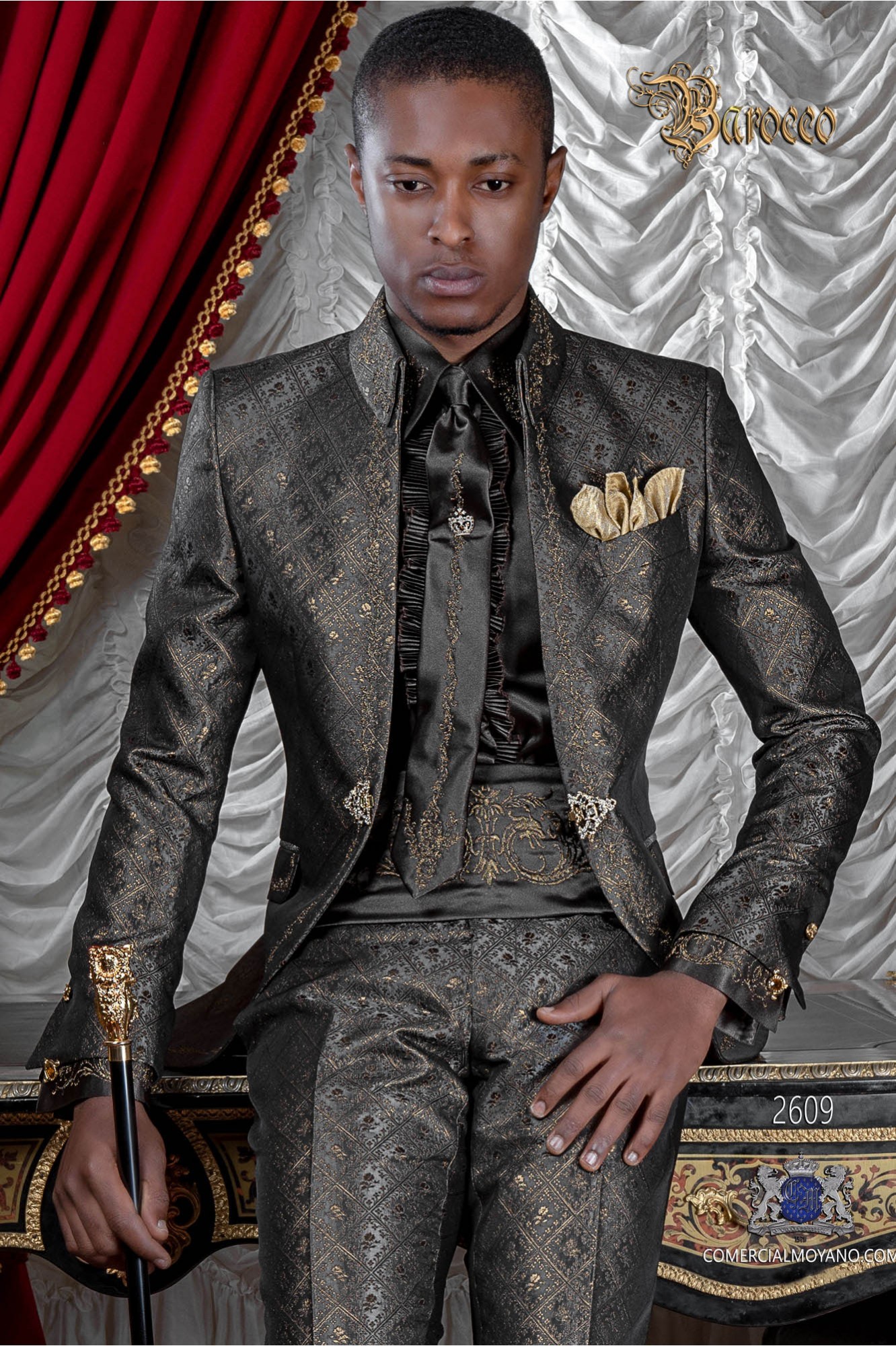 Baroque groom suit, vintage Napoleon collar frock coat in gray-gold jacquard fabric with golden embroidery model 2609 Mario Moyano