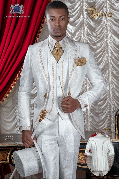 Baroque groom suit, vintage frock coat in white jacquard fabric with golden embroidery and crystal clasp