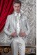 Traje de novio levita vintage en un especial tejido brocado gris perla con cuello Mao pedrería