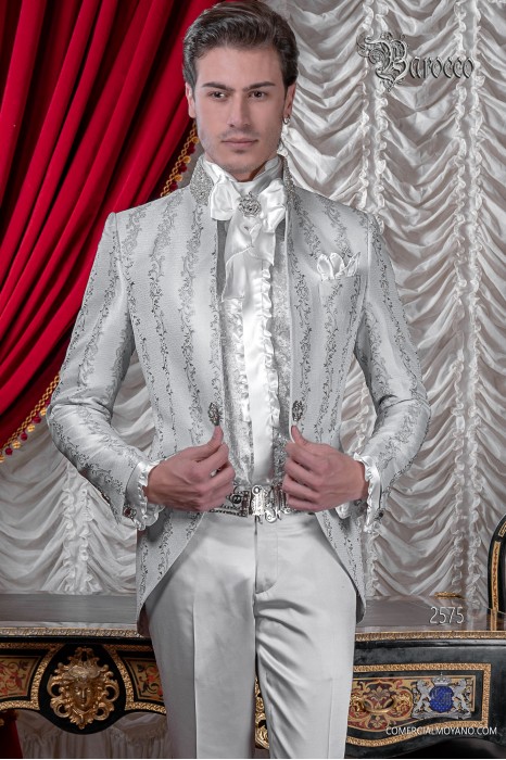 Manteau de mariée Vintage Homme en tissu de brocart gris perle avec col Mao avec strass