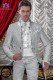 Vintage Herren Hochzeit Gehrock in Pearl grey Brokat Stoff mit Mao Kragen mit Strasssteinen