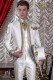 Baroque wedding suit, vintage frock coat in white floral brocade fabric, Mao collar with gold rhinestones