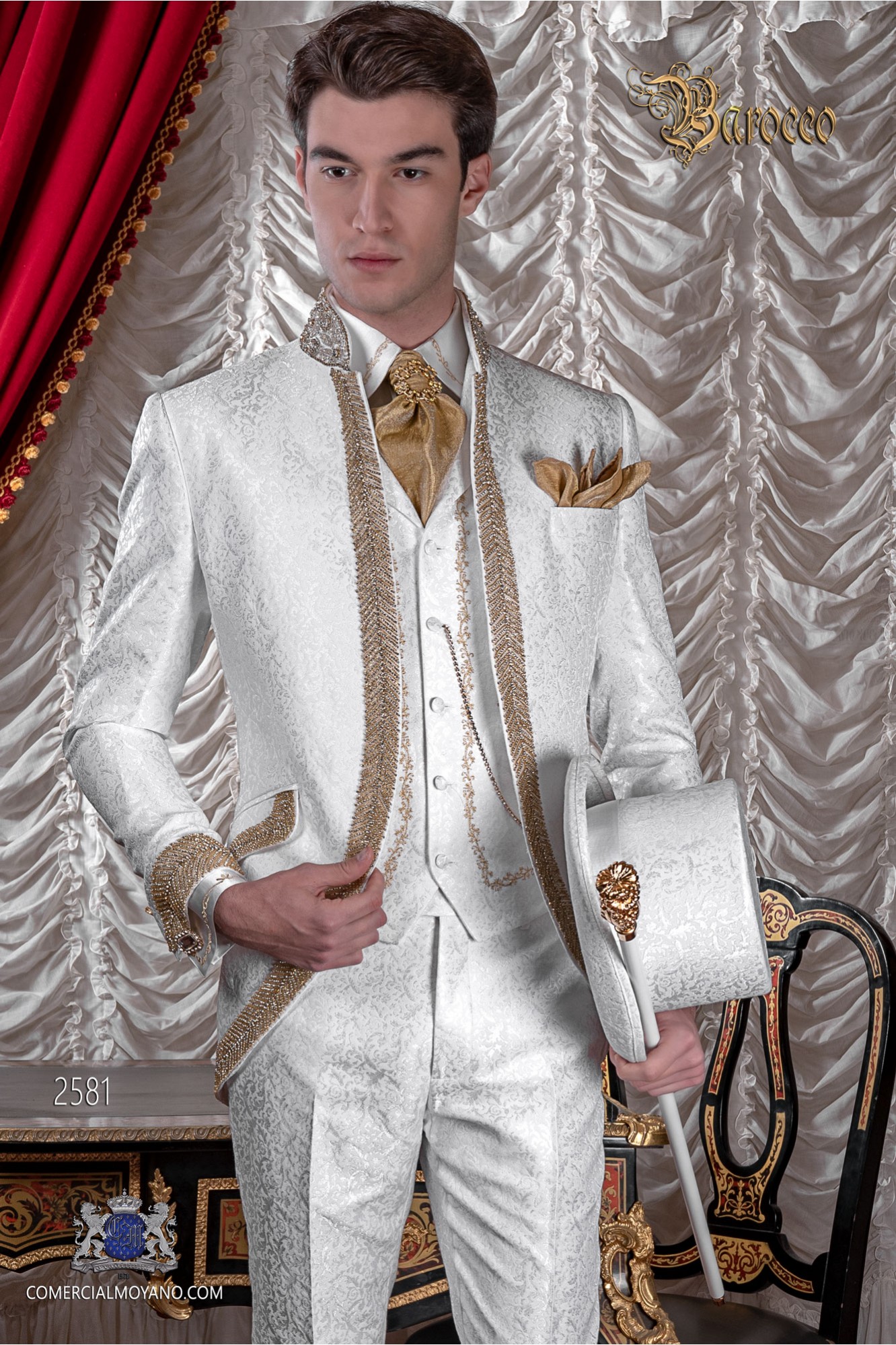 Baroque wedding suit, vintage frock coat in white floral brocade fabric, Mao collar with gold rhinestones model 2581 Mario Moyano