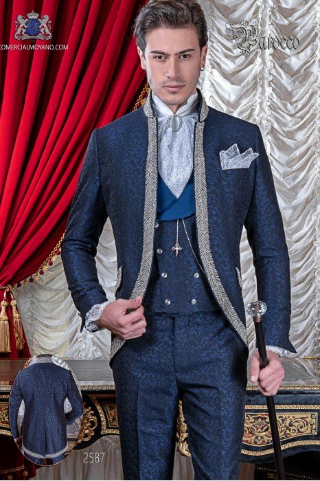 Baroque wedding suit, vintage mao frock coat in blue jacquard fabric with rhinestones