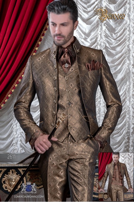 Mens Steampunk Vintage frock coat with Napoleon collar in gold jacquard fabric with golden buttons