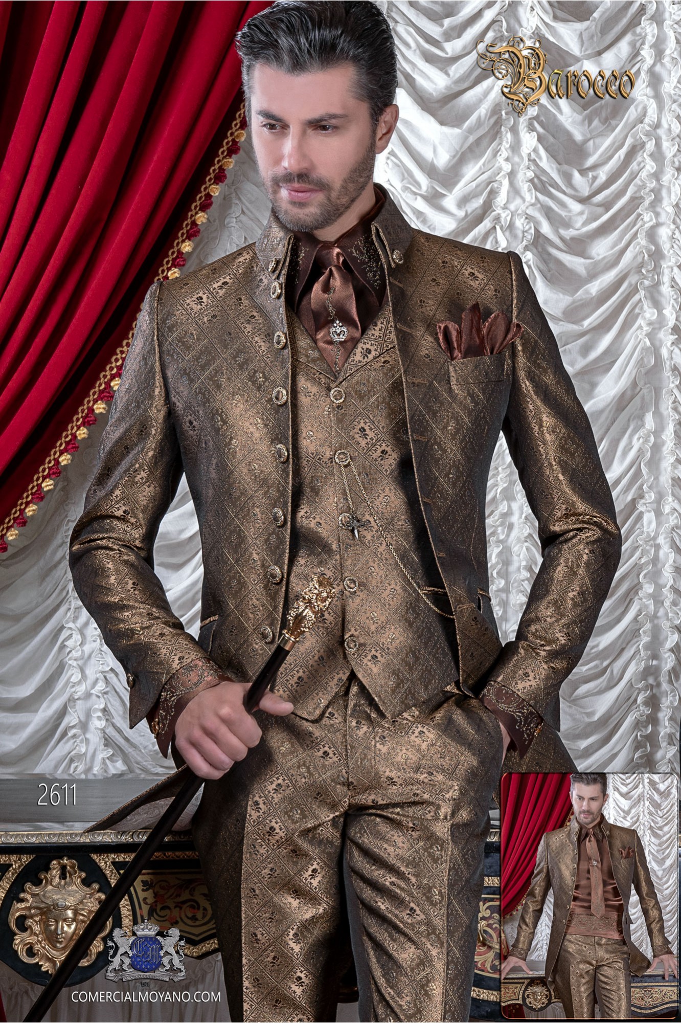 Mens Steampunk Vintage frock coat with Napoleon collar in gold jacquard fabric with golden buttons model 2611 Mario Moyano