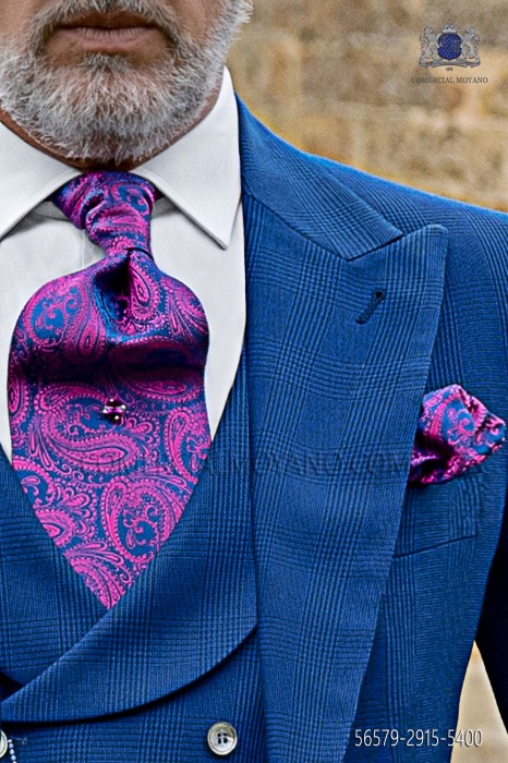 Fuchsia cashmere design ascot tie with maching pocket handkerchief
