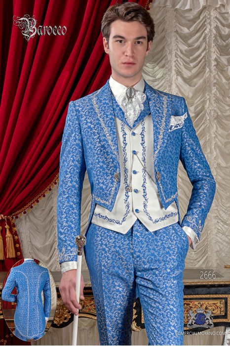 Traje de novio barroco, frac de época cuello en tejido jacquard azul y plata con bordados plateados 