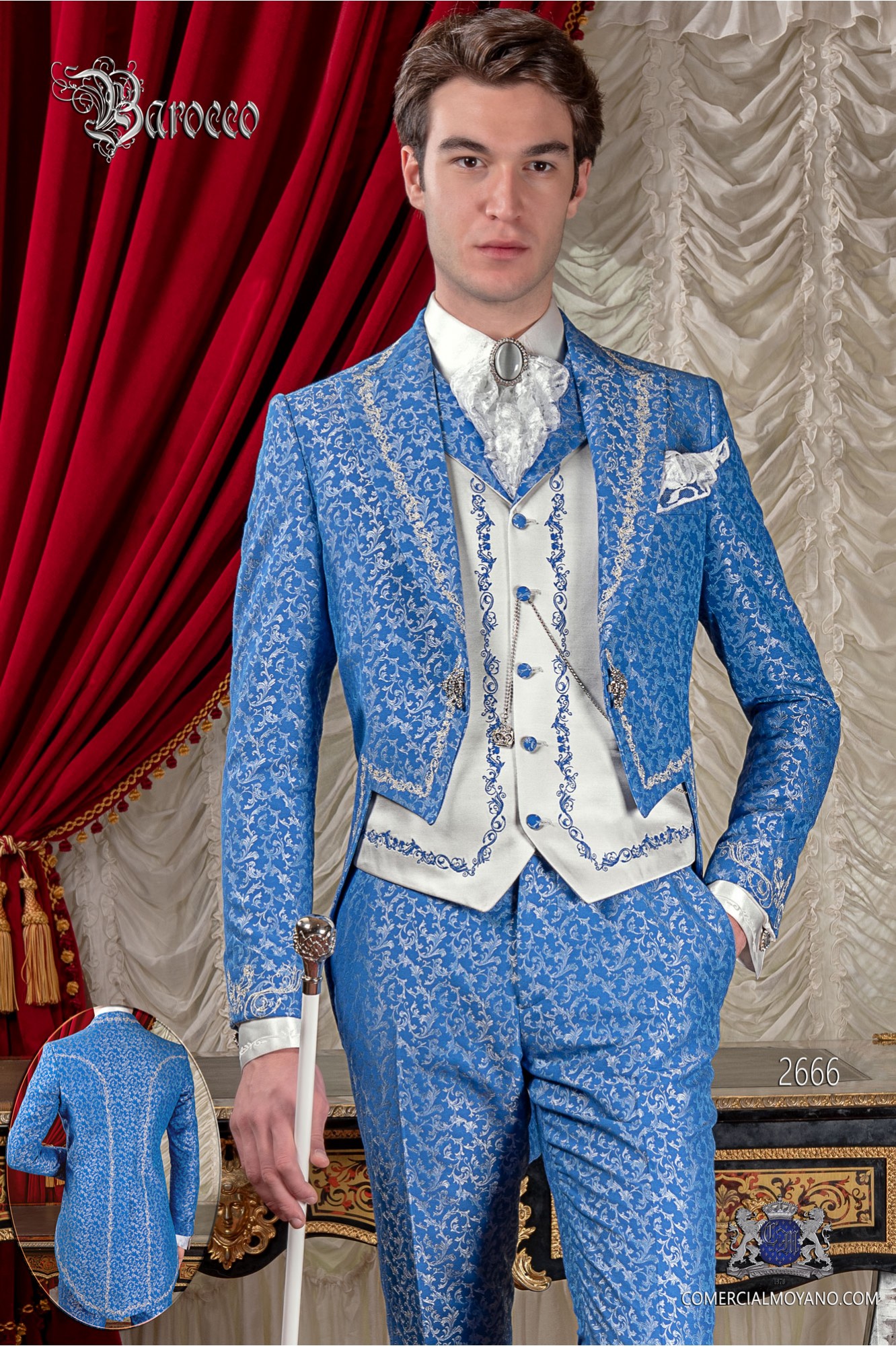 Baroque blue and silver jacquard fabric tail coat with silver embroidery model  2666 Mario Moyano