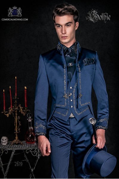 Gothic blue satin Mao tail coat with silver embroidery.