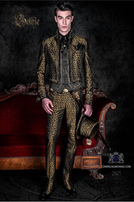 Baroque gold and black jacquard tailcoat with gold embroidery, crystal rhinestones on Mao collar and crystal brooch