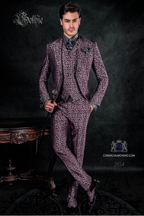 Baroque groom suit, vintage frock coat in silver and purple jacquard fabric with silver embroidery