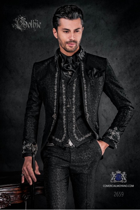 Baroque groom suit, vintage Napoleon collar frock coat in black jacquard fabric with silver embroidery
