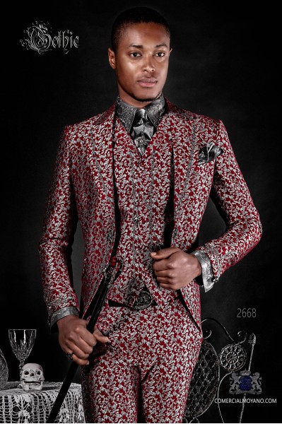 Baroque groom suit, vintage frock coat in silver and red jacquard fabric with silver embroidery