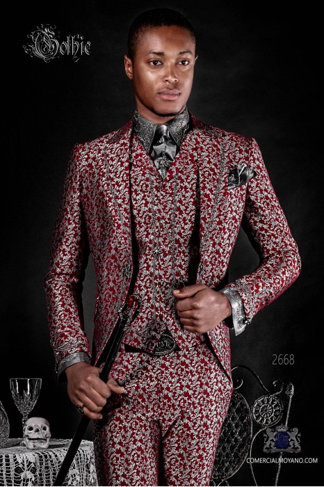 Baroque groom suit, vintage frock coat in silver and red jacquard fabric with silver embroidery