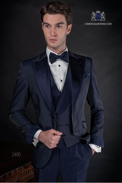 Traje de novio italiano azul marino en tejido microdiseño modelo: 2490 Mario Moyano colección Fashion