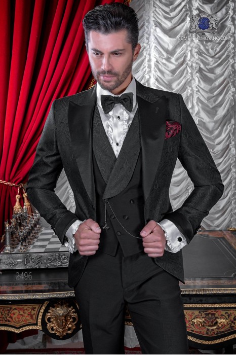 Veste de costume de coupe élégante Slim, en tissu jacquard noir avec rabats en satin