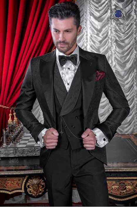 Italian wedding suit Slim stylish cut. Black jacquard fabric suit with satin peak lapel