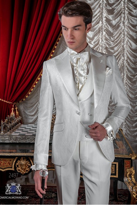 Italian wedding suit Slim stylish cut. White jacquard fabric suit with satin peak lapel