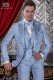 Italian wedding suit Slim stylish cut. Light blue jacquard fabric suit with satin peak lapel