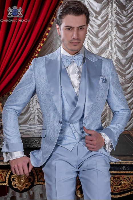 Italian wedding suit Slim stylish cut. Light blue jacquard fabric suit with satin peak lapel
