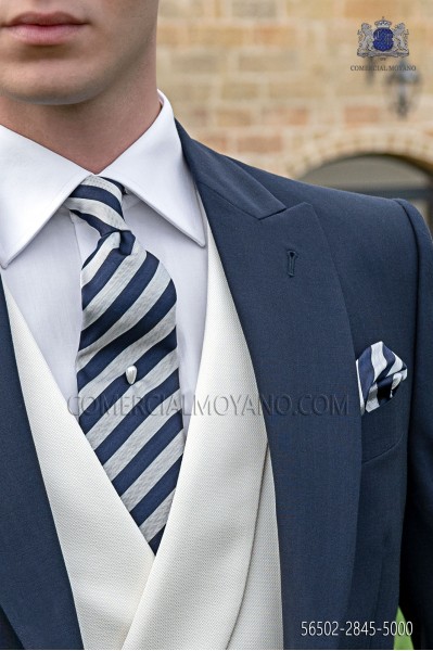 Blue and silver striped tie and handkerchief