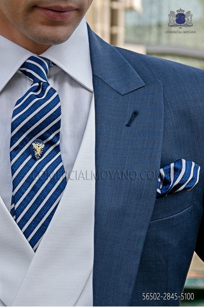 Blue and silver striped tie and handkerchief