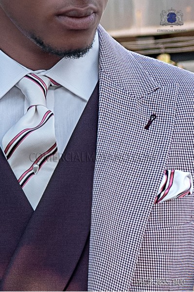 Silk white tie and handkerchief with with pink and black stripes
