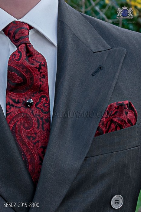 Black and red tie with handkerchief