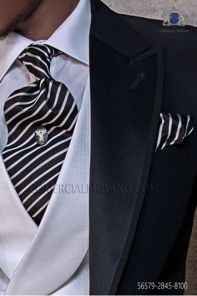 Black and silver silk ascot tie and handkerchief 56579-2845-8100 Ottavio Nuccio Gala.