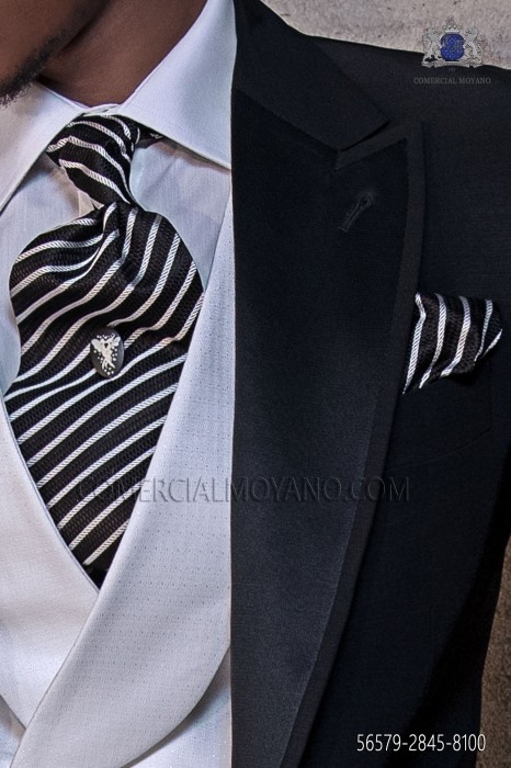 Schwarz und Silber Seide Ascot Krawatte und Taschentuch