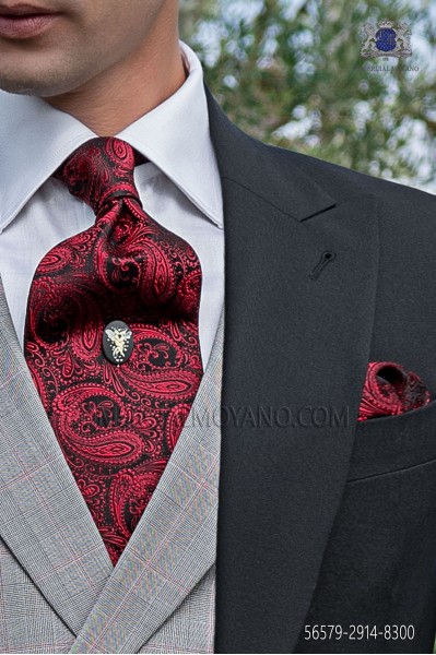 Black and red paisley pattern tie and handkerchief
