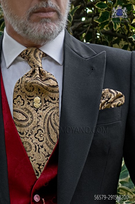 Black and gold paisley pattern tie and handkerchief
