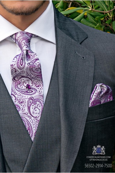 White and purple wedding tie cashmere design with matching handkerchief 