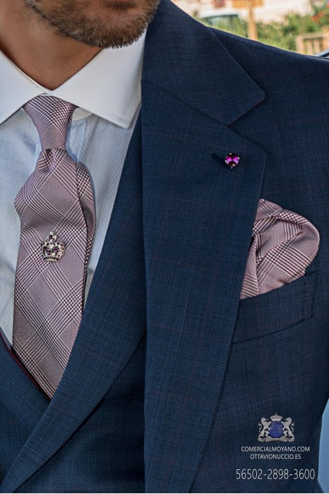 Cravate de marié en prince de galles gris prince à rayures bordeaux