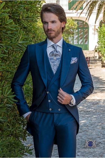 Blue tailored fit wedding morning suit