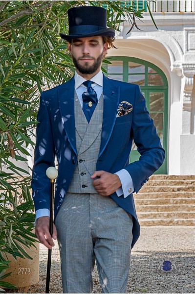 Royal blue tailored fit wedding morning suit with Wales check trousers