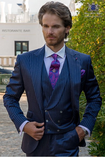 Royal blue pinstripe tailored fit men wedding suit