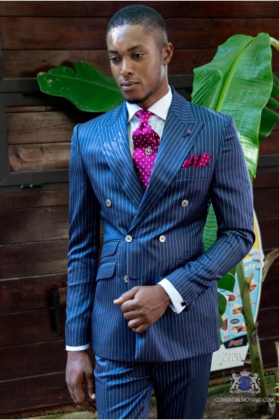 Royal blue pinstripe tailored fit italian men double breasted suit