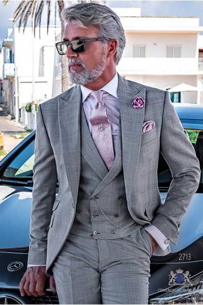 Grey & pink prince of Wales check tailored fit wedding suit