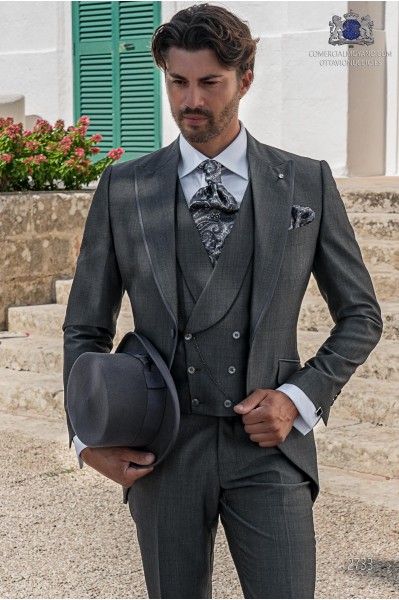 Grey tailored fit men wedding frock-coat with contrast profile on lapels