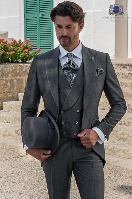 Grey tailored fit italian men wedding frock-coat with contrast profile on lapels