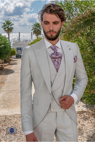 Light grey prince of Wales check tailored fit italian short frock-coat