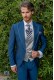 Blue tailored fit italian men wedding frock-coat with contrast profile on lapels