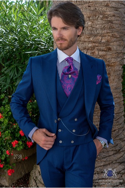 Royal blue houndstooth tailored fit men wedding frock-coat 2738 Mario Moyano