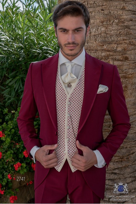 Burgundy tailored fit italian men wedding frock-coat with contrast profile on lapels